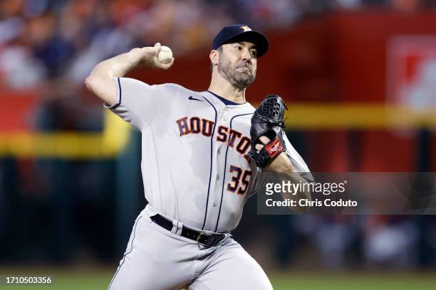 Starter Justin Verlander of the Houston Astros pitches against the Arizona Diamondbacks during the first inning at Chase Field on September 30, 2023...