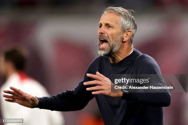 Marco Rose, head coach of Leipzig reacts during the Bundesliga match between RB Leipzig and FC Bayern München at Red Bull Arena on September 30, 2023...