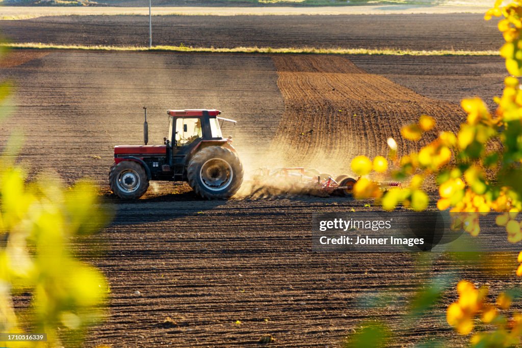 Tractor plowing field at sunset among dust