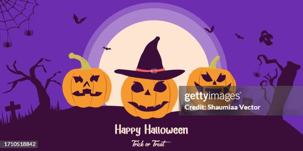 happy halloween sale banner or party invitation on purple and black abstract background with pumpkins, flying bats, moon elements design and more. - witchs hat stock illustrations