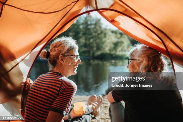 two senior women sitting in tent at campsite - svensk sommar bildbanksfoton och bilder