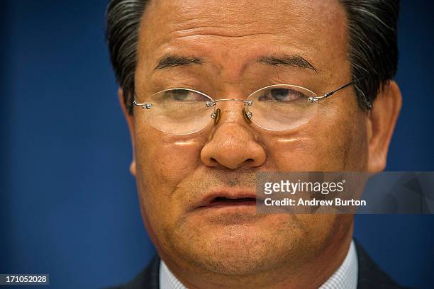 Sin Son-ho, North Korea's Permanent Representative to the United Nations, speaks at a press conference at the United Nations on June 21, 2013 in New...