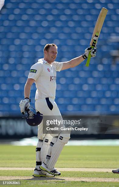 Yorkshire captain Andrew Gale celebrates reaching his century during day one of the LV County Championship Division One match between Yorkshire and...