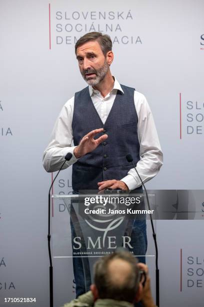 Juraj Blanar, member of the SMER political party, speaks to the media at SMER headquarters following partial results during the Slovak parliamentary...