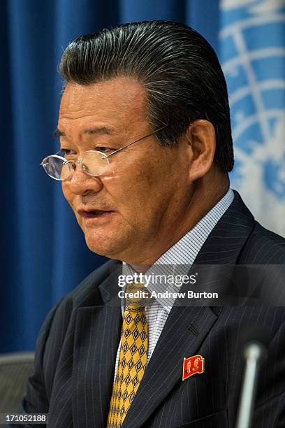 Sin Son-ho, North Korea's Permanent Representative to the United Nations, speaks at a press conference at the United Nations on June 21, 2013 in New...