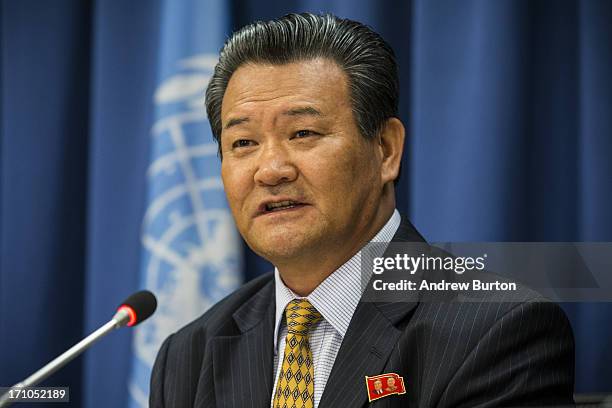 Sin Son-ho, North Korea's Permanent Representative to the United Nations, speaks at a press conference at the United Nations on June 21, 2013 in New...