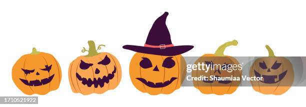 set pumpkins with different smiles, symbol of halloween holiday. halloween characters - witchs hat stock illustrations