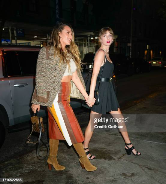 Blake Lively and Taylor Swift are seen on September 30, 2023 in New York City.