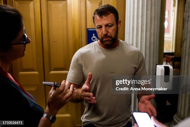 Sen. Markwayne Mullin speaks to reporters during a vote on a continuing resolution to fund the government on September 30, 2023 in Washington, DC....