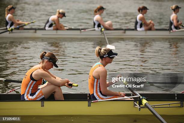 Crews prepare to compete on the first day of the Henley Women's Regatta on June 21, 2013 in Henley-on-Thames, England. The annual 3-day event, which...