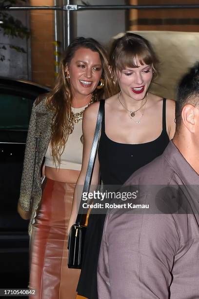 Blake Lively and Taylor Swift are seen at Emilio's Ballato in SoHo on September 30, 2023 in New York City.