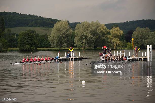 Competitors prepare to race on the first day of the Henley Women's Regatta on June 21, 2013 in Henley-on-Thames, England. The annual 3-day event,...