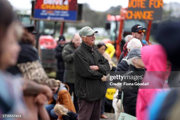 People listen to speakers as farmer lobby group Groundswell NZ gather in Auckland to raise awareness and urge people to vote in the general election...