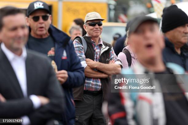 People listen to speakers as farmer lobby group Groundswell NZ gather in Auckland to raise awareness and urge people to vote in the general election...