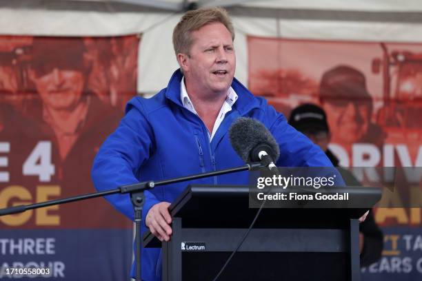 Todd McClay of the National Party speaks as farmer lobby group Groundswell NZ gather in Auckland to raise awareness and urge people to vote in the...