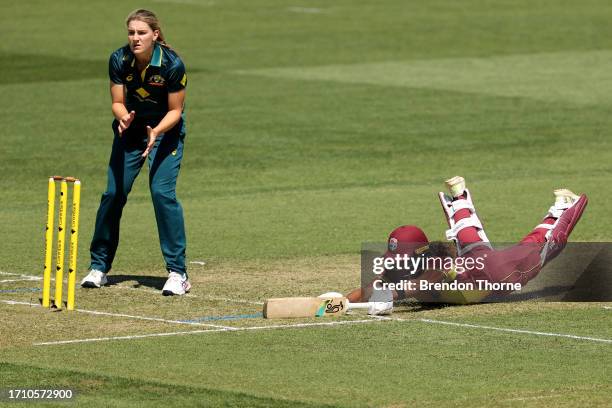 Hayley Matthews of the West Indies dives for her crease during game one of the T20 International series between Australia and the West Indies at...