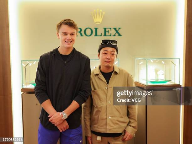 Holger Rune of Denmark attends Rolex event on day five of 2023 China Open on September 30, 2023 in Beijing, China.