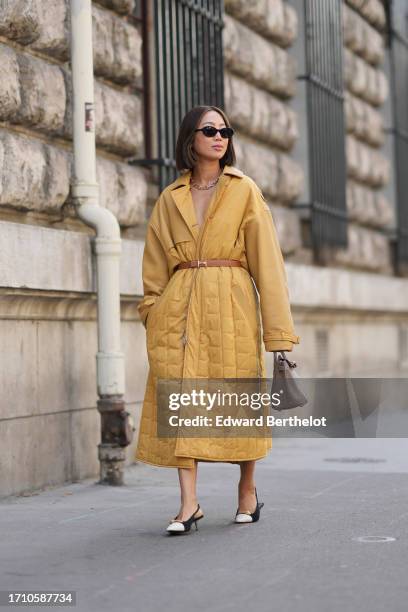 Aimee Song wears sunglasses, a yellow long padded trench coat, a brown leather Hermes belt, a dark brown Hermes bag, brown and white pointed shoes,...