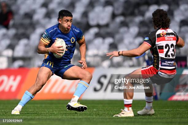 Jeremiah Asi of Otago charges forward during the round nine Bunnings Warehouse NPC match between Otago and Counties Manukau at Forsyth Barr Stadium,...