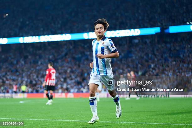 Takefusa Kubo of Real Sociedad celebrates after scoring his team's second goal during the LaLiga EA Sports match between Real Sociedad and Athletic...