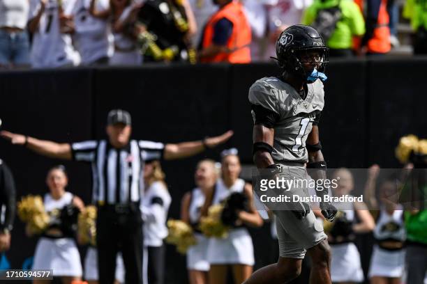 Cornerback Cormani McClain of the Colorado Buffaloes celebrates a pass defended in the end zone in the third quarter against the USC Trojans at...