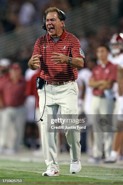 Head coach Nick Saban of the Alabama Crimson Tide reacts during the game against the Mississippi State Bulldogs at Davis Wade Stadium on September...