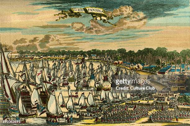 Landing at Saint Domingo, 17th century engraving. French buccaneers landing on the western coast of the Spanish controlled island of Hispaniola, also...