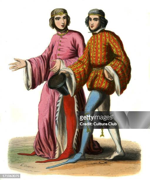Two English courtiers of Richard II, 14th century. They wear fashionable pointed shoes, one of the curiters has two different coloured shoes and...