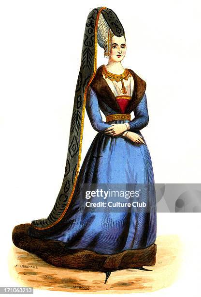Agnès Sorel, mistress of King Charles VII of France, 1421  9 February 1450. Shown wearing fur trimmed dress and hat with long train. 1847,...