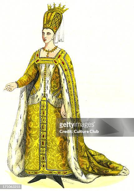 Isabeau of Bavaria, Queen of France, wife of Charles VI, in ermine trimmed wedding dress. B. 1370  30 September 1435. C. 1847, hand-painted copy of...