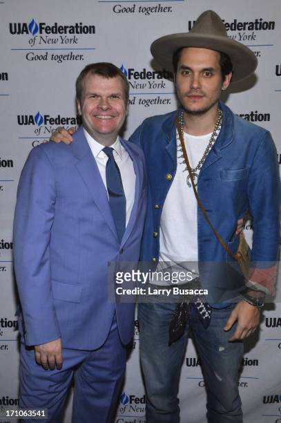 Rob Stringer and John Mayer attend a luncheon honoring Rob Stringer as UJA-Federation of New York Music Visionary of 2013 at The Pierre Hotel on June...
