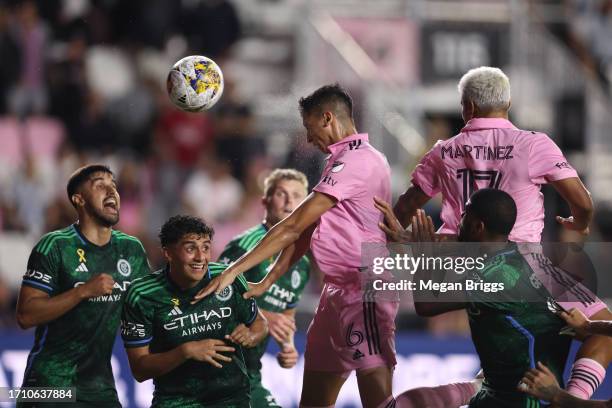 Tomás Aviles of Inter Miami CF heads the ball for a goal in the second half against the New York City FC at DRV PNK Stadium on September 30, 2023 in...