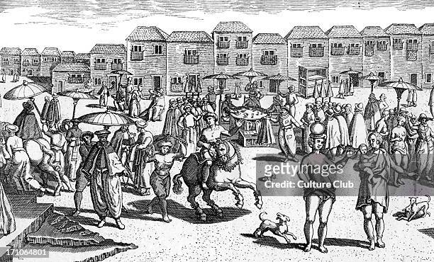Goa, India, market scene 16th century. During the Portuguese colonisation. Engraving from 'Navigatio in Orientem', 1599.