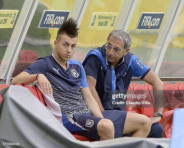 Stephan El Shaarawy and the doctor Enrico Castellacci attend Italy Training at Estadio Octavio Mangabeira on June 21, 2013 in Salvador, Brazil.