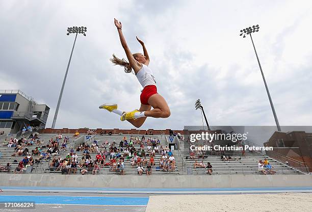 Sami Spenner competes in the Women's Long Jump portion of the Heptathlon on day two of the 2013 USA Outdoor Track & Field Championships at Drake...