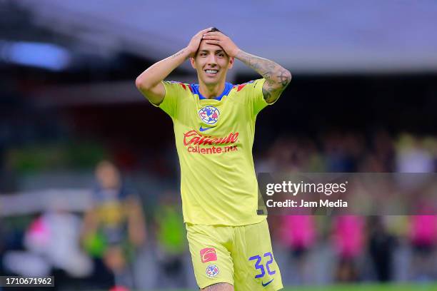 Leonardo Suarez of America reacts during the 10th round match between America and Pumas UNAM as part of the Torneo Apertura 2023 Liga MX at Azteca...