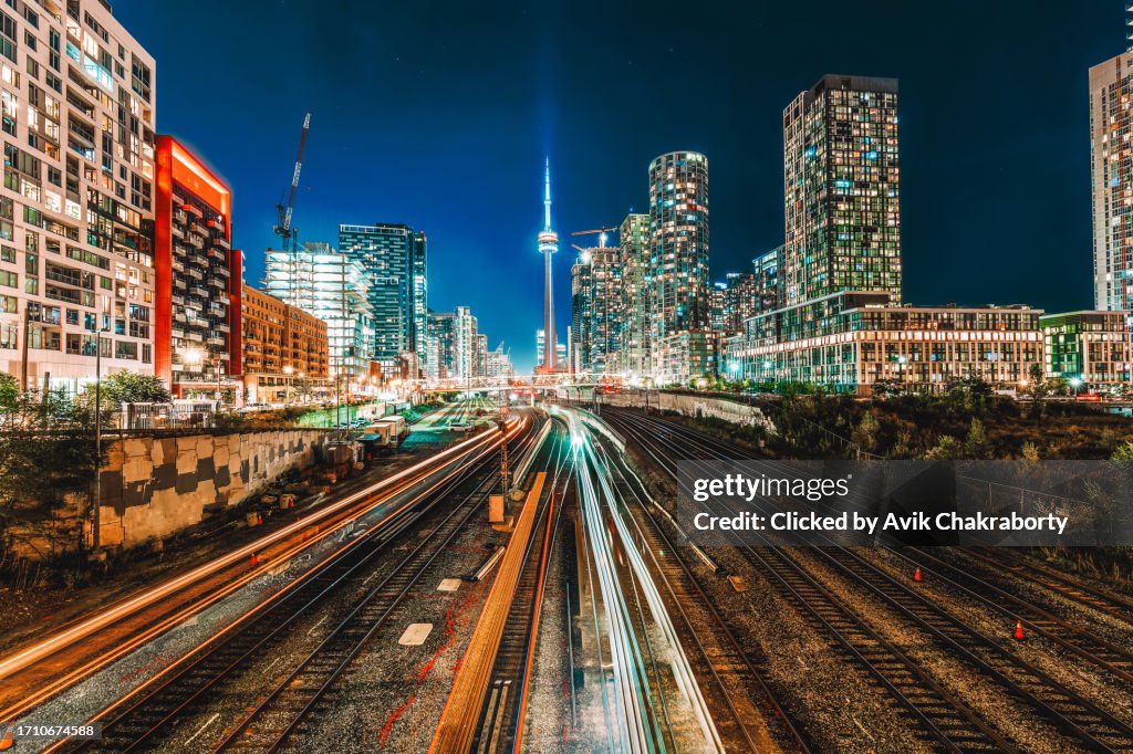 Go Trains in Toronto going towards CN Tower
