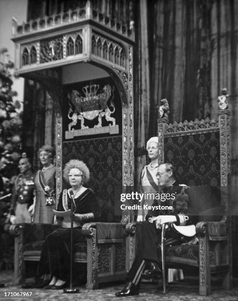 Queen Juliana of the Netherlands gives the Queen's Speech at the state opening of the Dutch Parliament in The Hague, 19th September 1967. On the...
