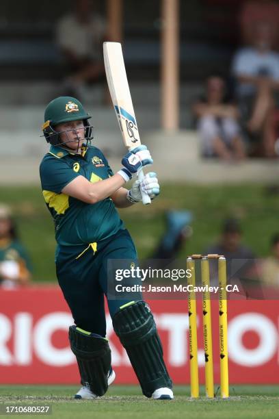 Alyssa Healy of Australia bats during game one of the T20 International series between Australia and the West Indies at North Sydney Oval on October...