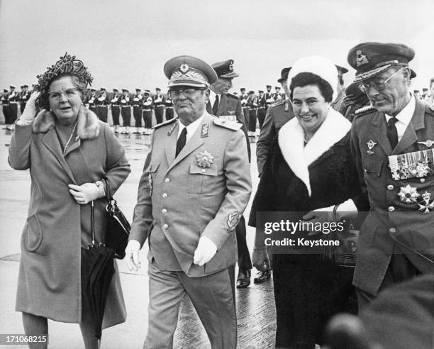 Queen Juliana of the Netherlands andPrince Bernhard of the Netherlands meeting Yugoslav leader Josip Broz Tito and his wife Jovanka Broz at Ypenburg...