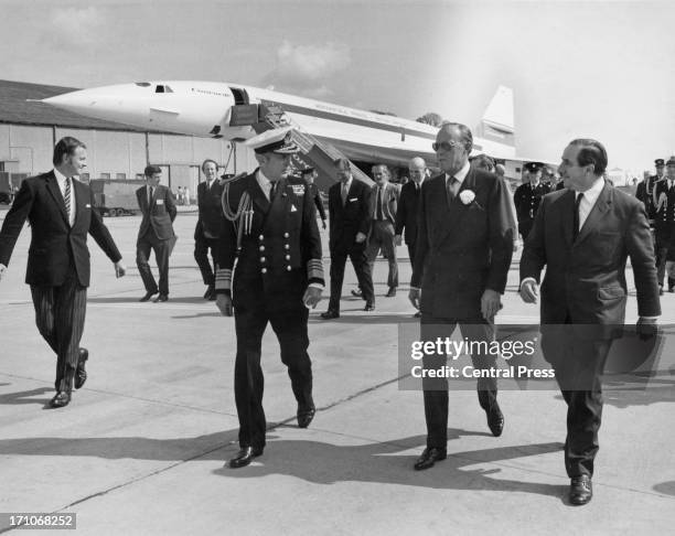 Prince Bernhard of the Netherlands at RAF Fairford, Gloucestershire, after inspecting the prototype supersonic airliner Concorde 002 with chief test...