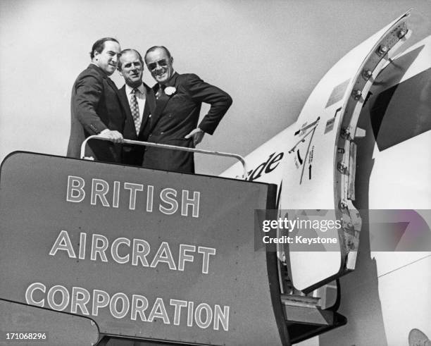 Chief test pilot Brian Trubshaw , Prince Philip and Prince Bernhard of the Netherlands at RAF Fairford, Gloucestershire, where they are inspecting...