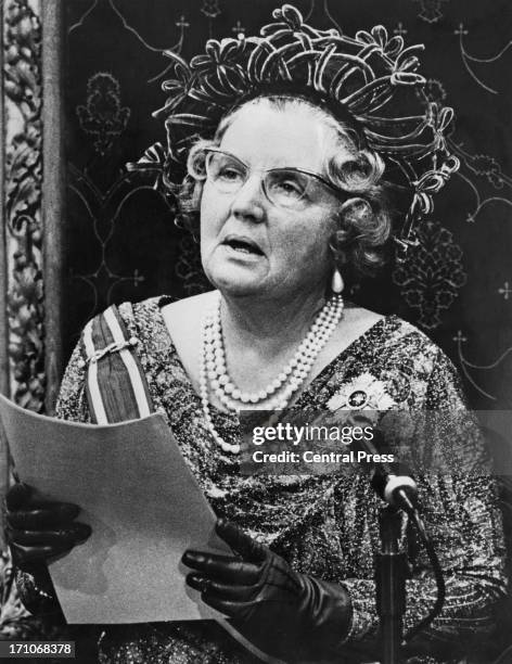 Queen Juliana of the Netherlands gives the Queen's Speech at the state opening of the Dutch Parliament in The Hague, 22nd September 1969.