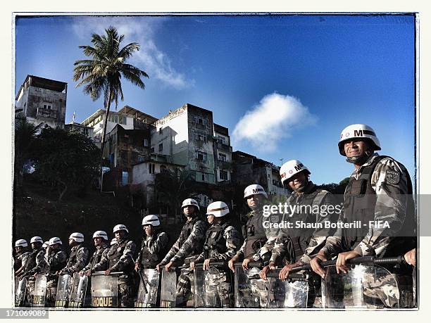 Heightened security measures due to possible protests ahead of the FIFA Confederations Cup Brazil 2013 Group B match between Nigeria and Uruguay at...