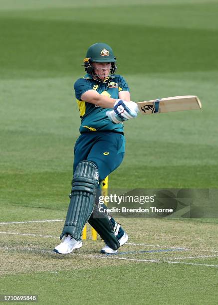 Alyssa Healy of Australia bats during game one of the T20 International series between Australia and the West Indies at North Sydney Oval on October...