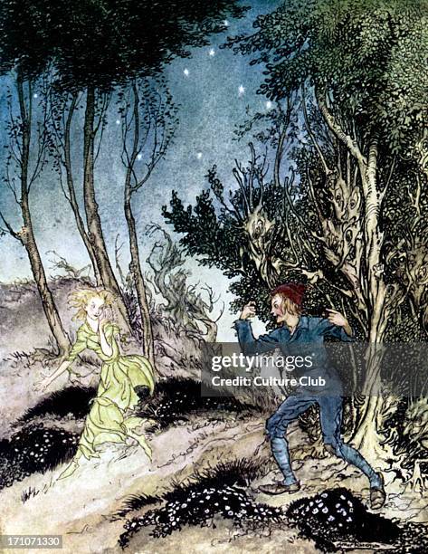 Henrik Ibsen 's Peer Gynt - Act II, Scene V: Peer follows the woman in green. Norwegian playwright 20 March 1828 - 23 May 1906. Illustration by...