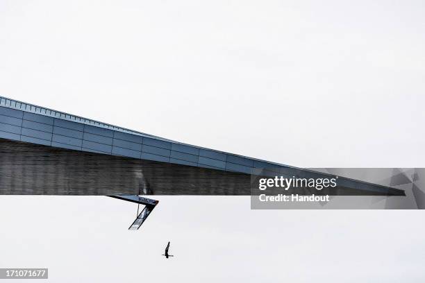 In this handout image provided by Red Bull, Matt Cowen of the United Kingdom dives from the 28-metre platform at the Copenhagen Opera House during...
