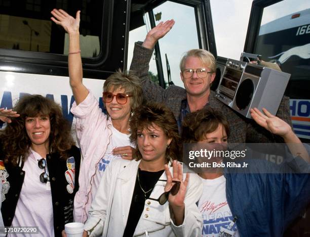 Actors Jane Fonda, Ed Begley Jr and Kristy McNichol before boarding a Greyhound Bus for road trip to San Francisco with other actors to rally Voters...