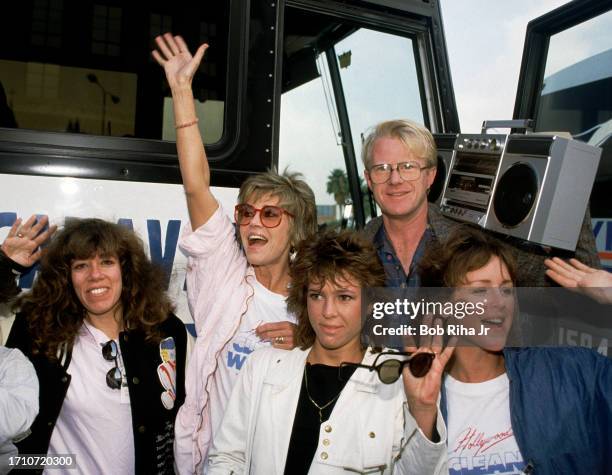 Actors Jane Fonda, Ed Begley Jr and Kristy McNichol before boarding a Greyhound Bus for road trip to San Francisco with other actors to rally Voters...