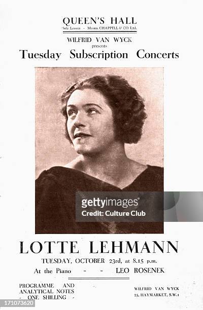 Lotte Lehmann Lotte Lehmann: German soprano opera and Lieder singer, 27 February 1888  26 August 1976. Programme cover for the Queen's Hall. Tuesday...